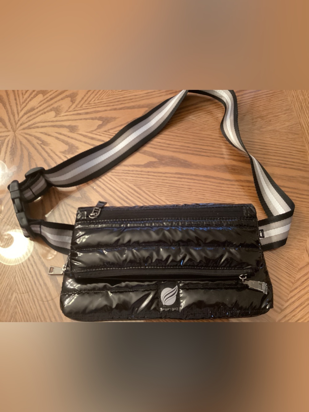 THINK ROYLN Black Quilted Shine Belt Bag with Black-White Strap